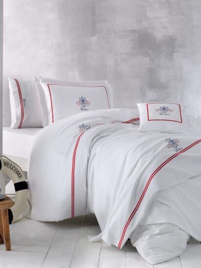 Ekskluzywna pościel na prezent Tivolyo Navy biała marinistyczna z haftem